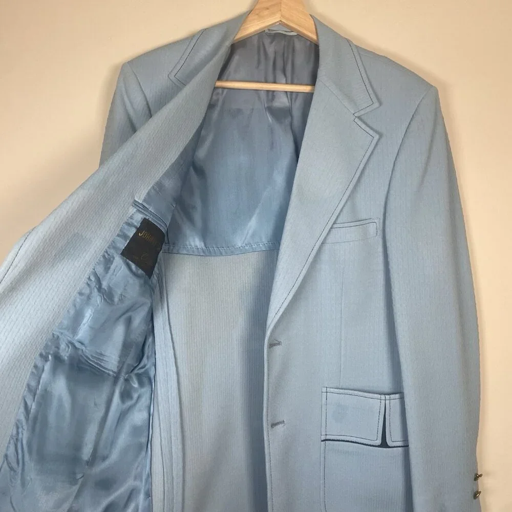 Vintage 1970s 40 R Johnny Carson Suit Jacket – Light Blue‎ 2Btn Polyester Blazer